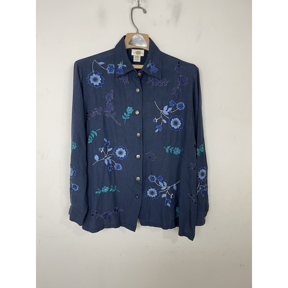 Sandy Starkman Womens Shirt Medium Blue Linen Floral Boho Embroidered Button Up